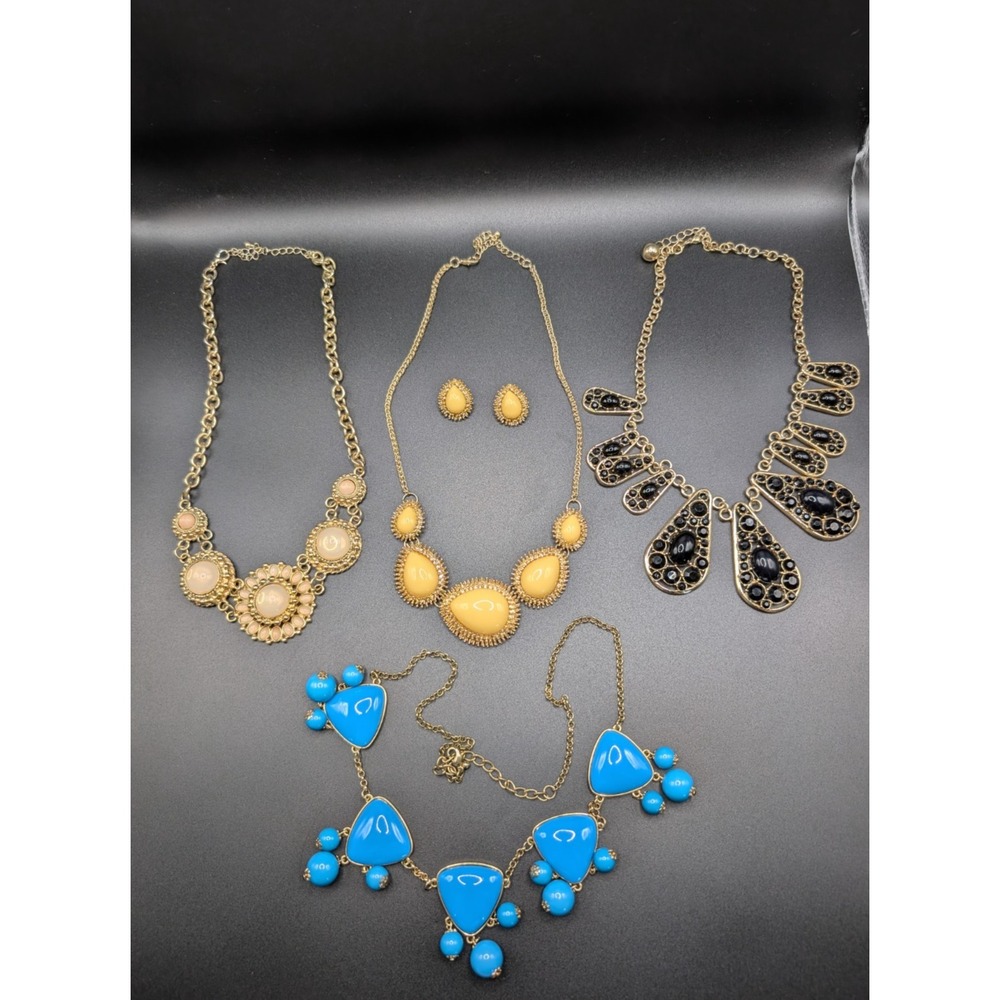 Chunky Statement Necklace Lot 5pc Set Gold Tone Colorful Resin Bubble Bib